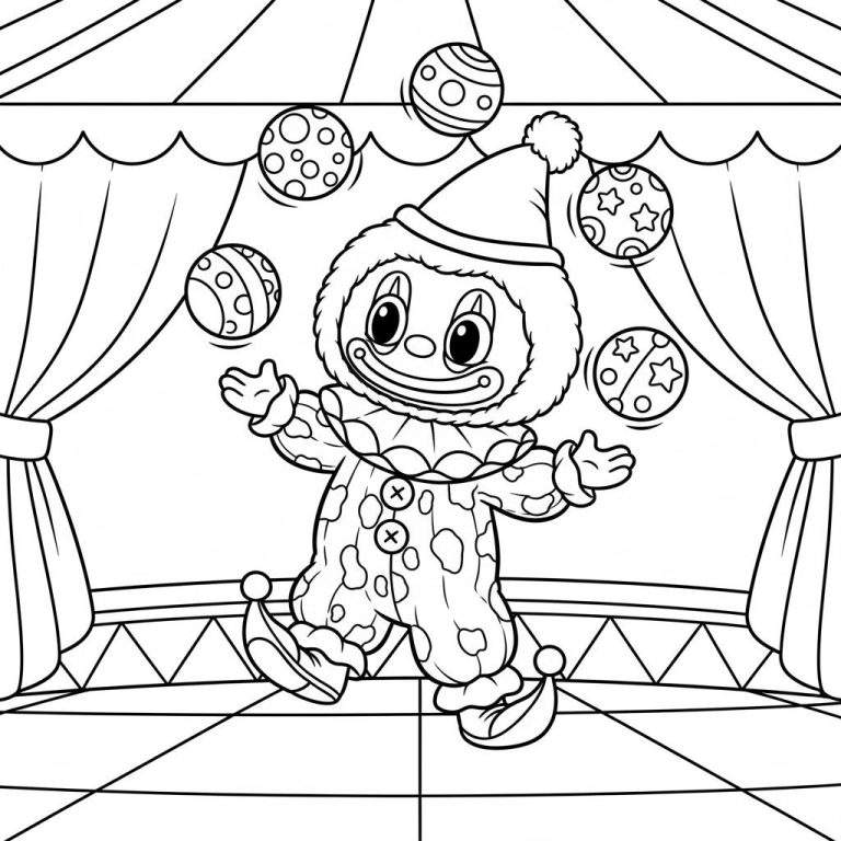 Zwart-wit kleurplaat van een vrolijke circusclown met puntmuts en pompons, jonglerend met vijf ballen met verschillende patronen, staand op een podium in een circustent met geruite vloer.