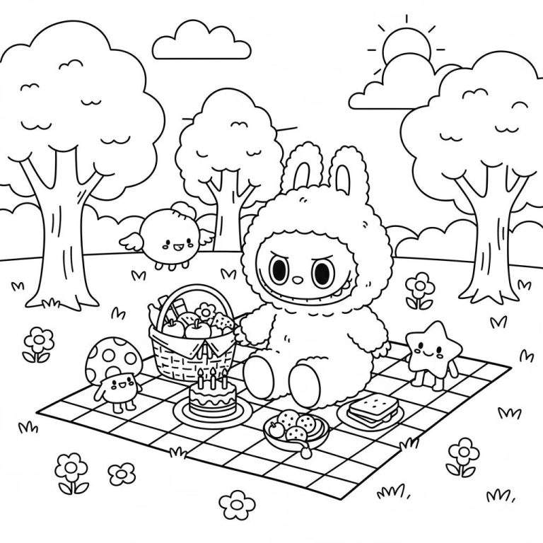 Zwart-wit kleurplaat van Labubu op een picknickkleed met verjaardagstaart, picknickmand en vriendjes in een park.
