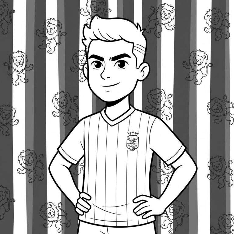 Zwart-witte cartoon kleurplaat van een lachende jongen in Willem II shirt met clubembleem (kroon, W, voetbal), handen in de zij, voor een gestreepte achtergrond met patroon van witte cartoon leeuwen.