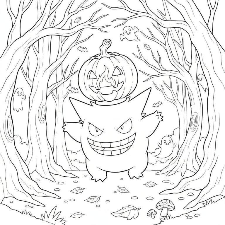 Kleurplaat van Gengar met een Jack-o'-lantern op zijn hoofd, omringd door spoken, vleermuizen en kale bomen in een Halloween-bos.