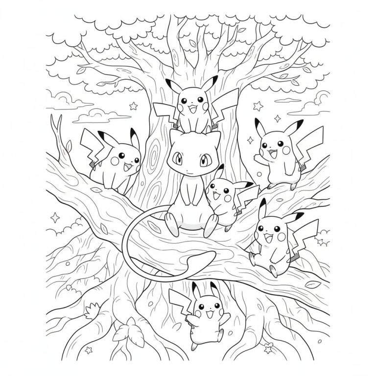 Zwart-wit kleurplaat van Mew centraal op een dikke boomstam, omringd door zes vrolijke Pikachu's op takken en wortels. De boom heeft gedetailleerde schors en op de achtergrond zijn wolken en sterretjes te zien. Klaar om in te kleuren.