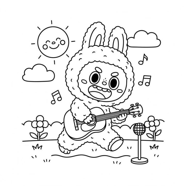 Zwart-wit kleurplaat van Labubu, een konijn-achtig figuur, zingend en gitaar spelend buiten. Omringd door muzieknoten, met een lachende zon, wolken, bloemen en een microfoon op de achtergrond.