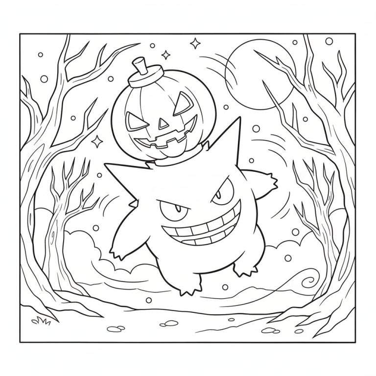 Gengar Halloween kleurplaat met pompoen, griezelige glimlach, volle maan, kale bomen en mist.