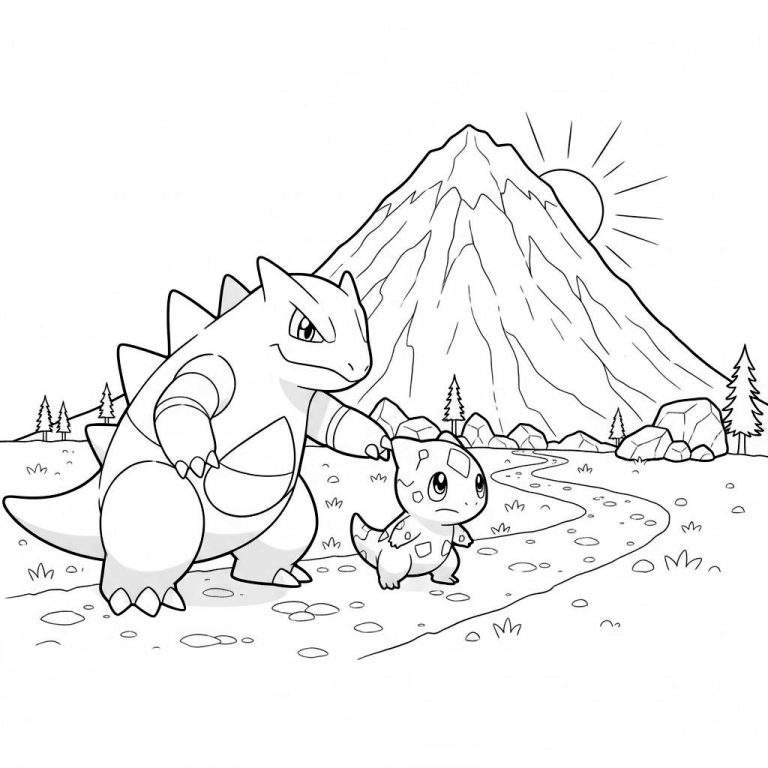 Een kleurplaat met Nidoqueen die beschermend kijkt naar een kleine Larvitar op een kronkelend pad. Op de achtergrond is een grote puntige berg te zien met een opkomende zon en verspreide dennenbomen en rotsen.