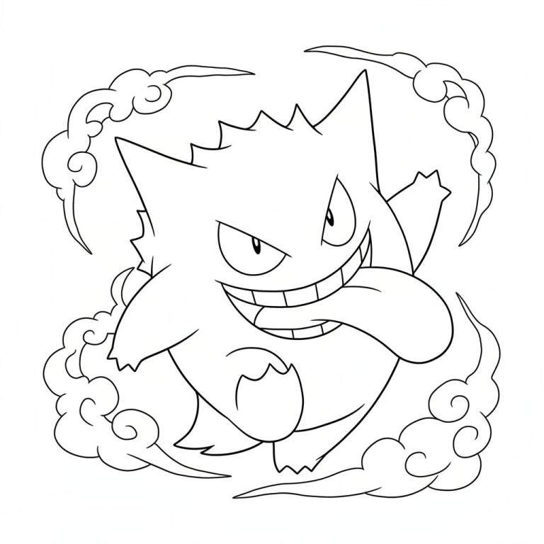 Zwart-wit lijntekening van een ondeugende Gengar Pokémon kleurplaat met uitgestoken tong en omringd door spookachtige rookwolken.