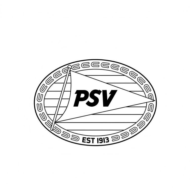 Zwart-wit kleurplaat van het klassieke PSV voetbalclub logo. Ovale vorm met wimpel 'PSV' in cursief, mast, horizontale lijnen op achtergrond, decoratieve U-vormige rand, en 'EST 1913' onderaan.