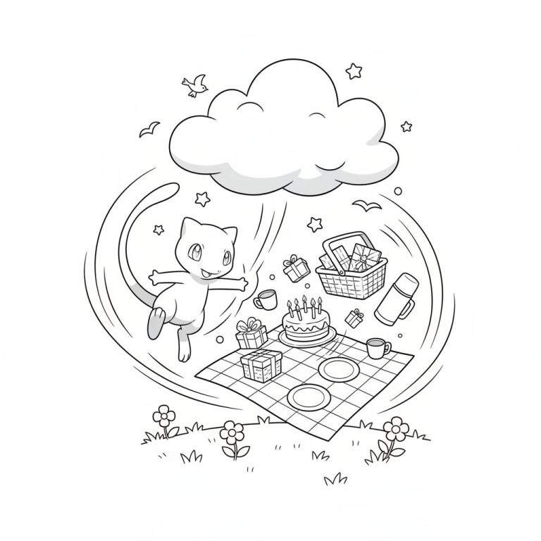 Zwart-wit kleurplaat van Mew die vrolijk zweeft boven een picknicktafereel met verjaardagstaart, cadeautjes en een wolk met vogels en sterren.