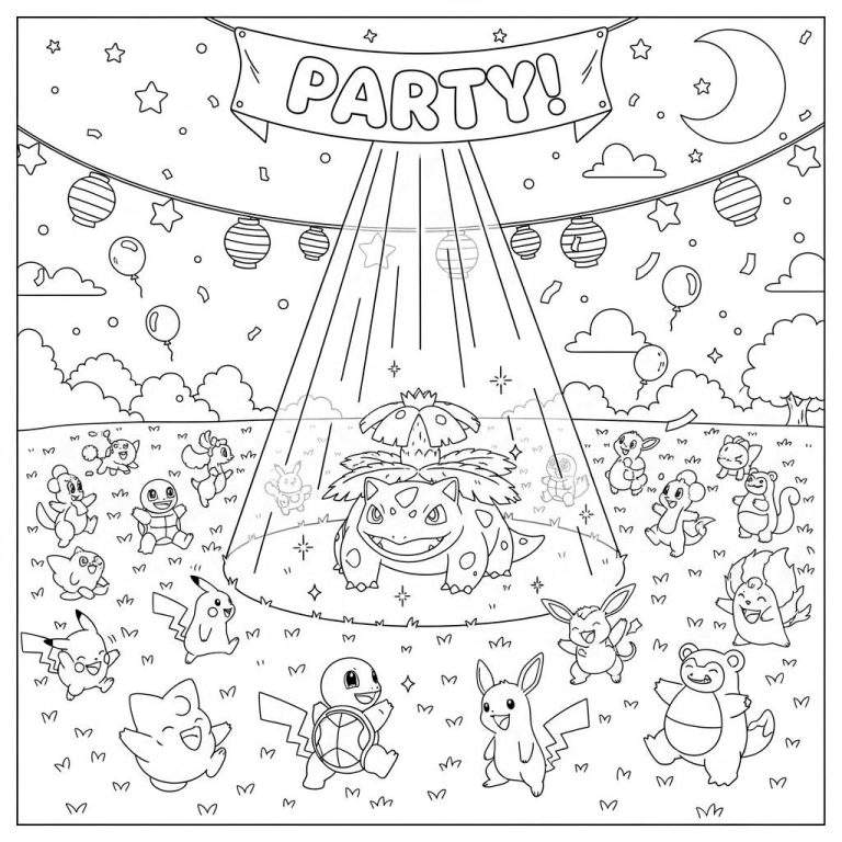 Kleurplaat van een vrolijk Pokémon feestje buiten, met een grote Venusaur in het midden verlicht door een spotlight, omringd door diverse kleinere Pokémon zoals Pikachu, Charmander, Squirtle, Eevee, Clefairy, Vulpix, Aipom, Chimchar, Shinx, Pachirisu, en Munchlax op een grasveld. Bovenaan hangt een 'PARTY!'-spandoek met sterren en een sikkelmaan. Decoratie omvat lampionnen, ballonnen en confetti.
