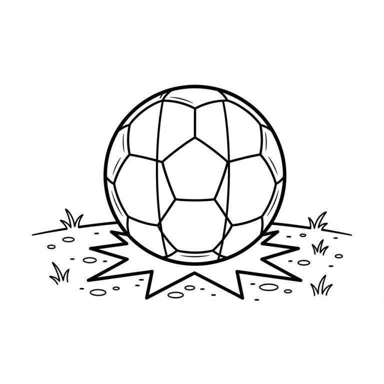 Zwart-witte lijntekening van een klassieke voetbal met Ajax-thema die met kracht op het gras stuitert, omringd door opspattend vuil en een stervormig impacteffect.