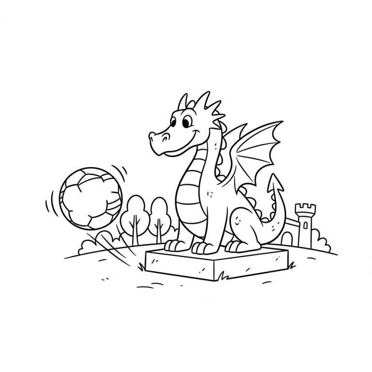 Zwart-wit kleurplaat van een vriendelijke draak met vleugels en strepen, zittend op een blok. Links een rollende voetbal. Op de achtergrond bomen en een kleine kasteeltoren. De kleurplaat heeft een vrolijke FC Den Bosch-thema.