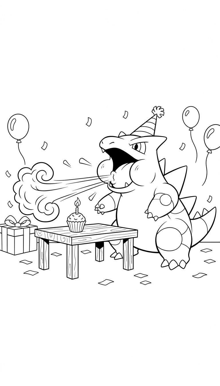Zwart-wit kleurplaat van een lachende Tyranitar met een feestmuts, die een kaarsje op een cupcake uitblaast. Een ingepakt cadeautje, ballonnen en confetti op de achtergrond. De afbeelding toont een verjaardagsfeestje.