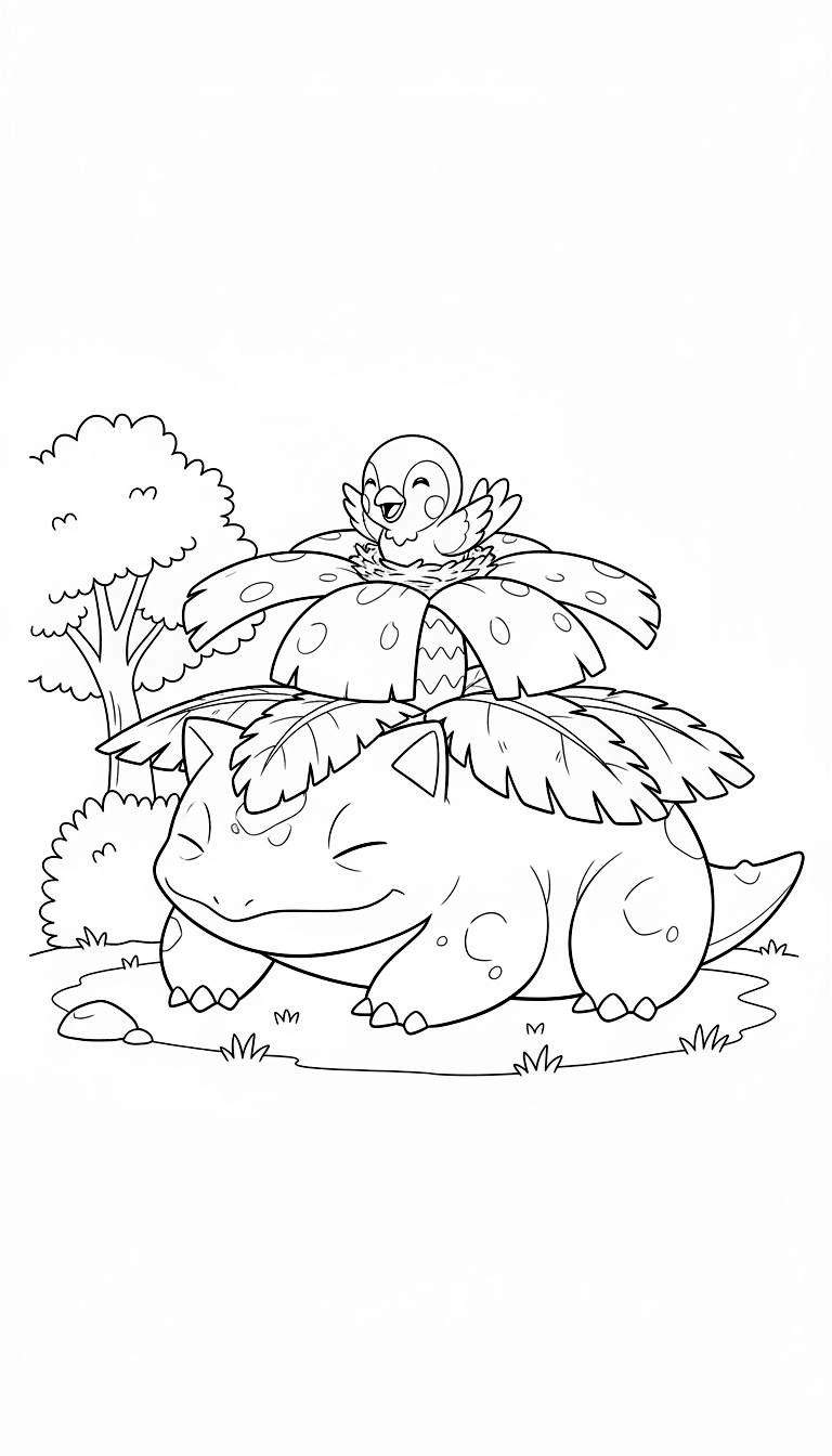 Zwart-wit kleurplaat van een slapende Ivysaur met een vrolijke Pidgey op zijn rugknop in een natuurlijke, rustige omgeving.