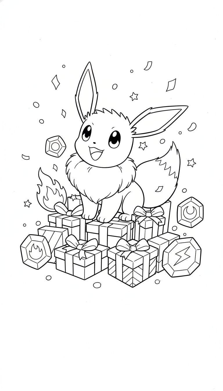 Lachende Eevee op cadeautjesstapel met zwevende evolutiestenen (vlam, bliksem, maan) en feestelijke decoraties, als zwart-wit kleurplaat.