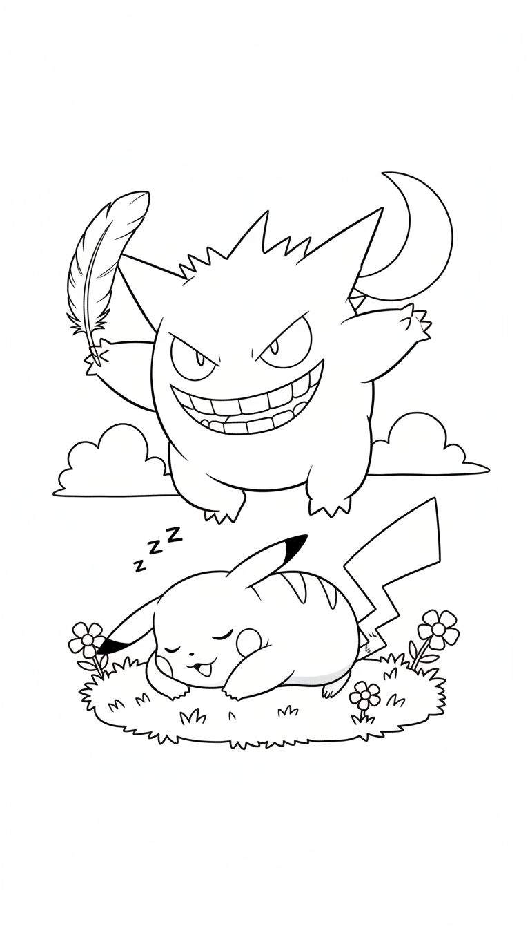 Zwart-wit kleurplaat van Gengar die van bovenaf met een veer de slapende Pikachu in het gras kietelt. Gengar heeft een ondeugende grijns, terwijl Pikachu vredig ligt te dromen met 'Zzz' boven zijn hoofd.