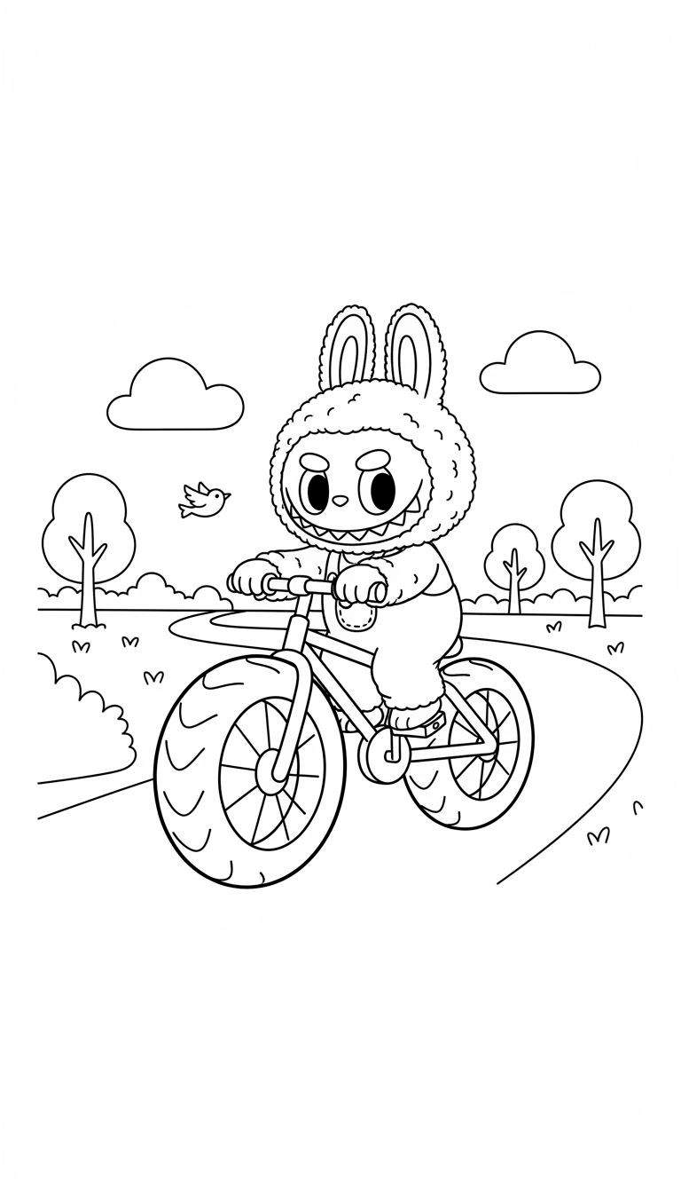 Zwart-wit Labubu kleurplaat: wezentje met konijnenoren fietst op een pad door de natuur met bomen, wolken en een vogeltje.