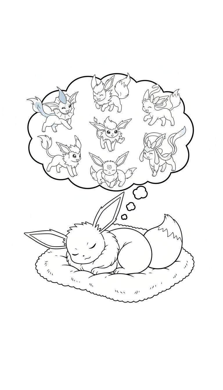 Zwart-wit kleurplaat van een slapende Eevee die droomt over al zijn evoluties (Vaporeon, Flareon, Jolteon, Espeon, Umbreon, Leafeon, Glaceon, Sylveon) in een gedachtewolkje.