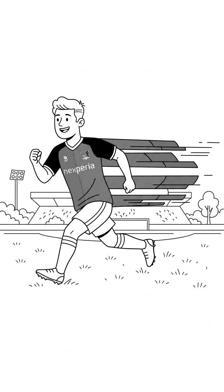 Zwart-wit kleurplaat van een glimlachende NEC-voetballer in sportkleding (shirt met 'nexperia' logo) die rent op een grasveld, met stadiontribunes en een lichtmast op de achtergrond. Cartoonachtige stijl.