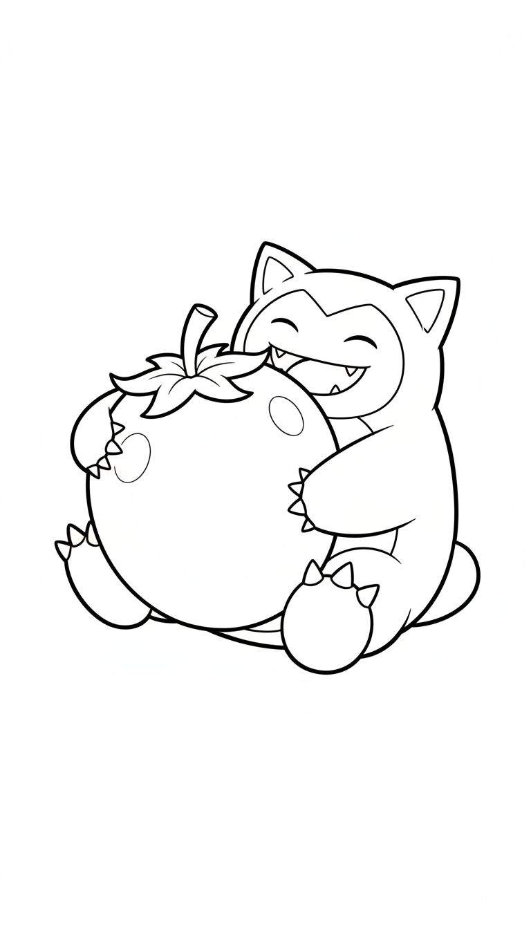 Lachende Snorlax, de Pokémon, zit en omhelst een enorme tomaat met hapjes, in de stijl van een zwart-wit lijntekening kleurplaat.