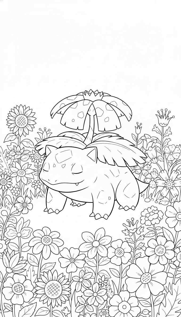 Kleurplaat van een slapende Ivysaur met een grote bloemknop op zijn rug, omringd door zonnebloemen en diverse bloeiende planten in een gedetailleerd bloemenveld.