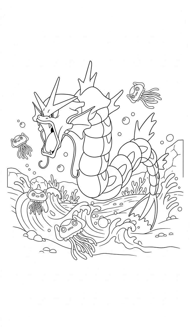 Zwart-wit lijntekening kleurplaat van een dreigende Gyarados met open bek in golvend water, omringd door luchtbellen en drie kwal-achtige Pokémon, mogelijk Frillish of Jellicent.