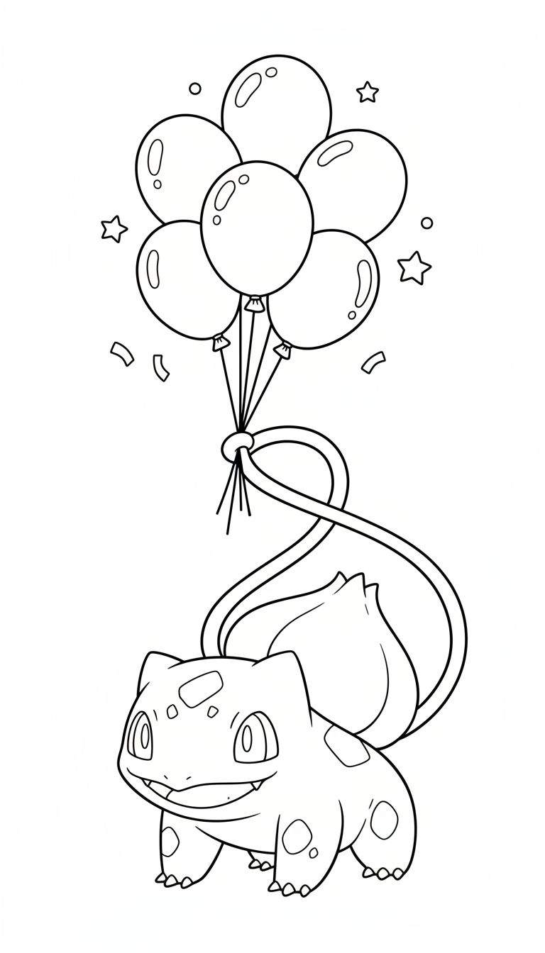Vrolijke Bulbasaur kleurplaat met zes zwevende ballonnen, sterretjes en confetti, Bulbasaur glimlacht.