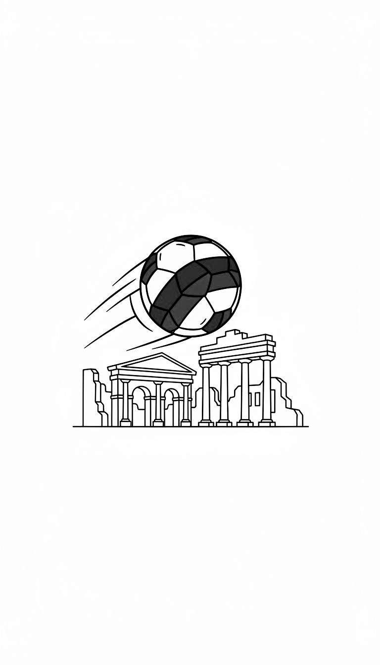 Lijntekening van een voetbal die met snelheid over de ruïnes van een antieke poort en een klassieke tempel zweeft, met een NEC-thema.