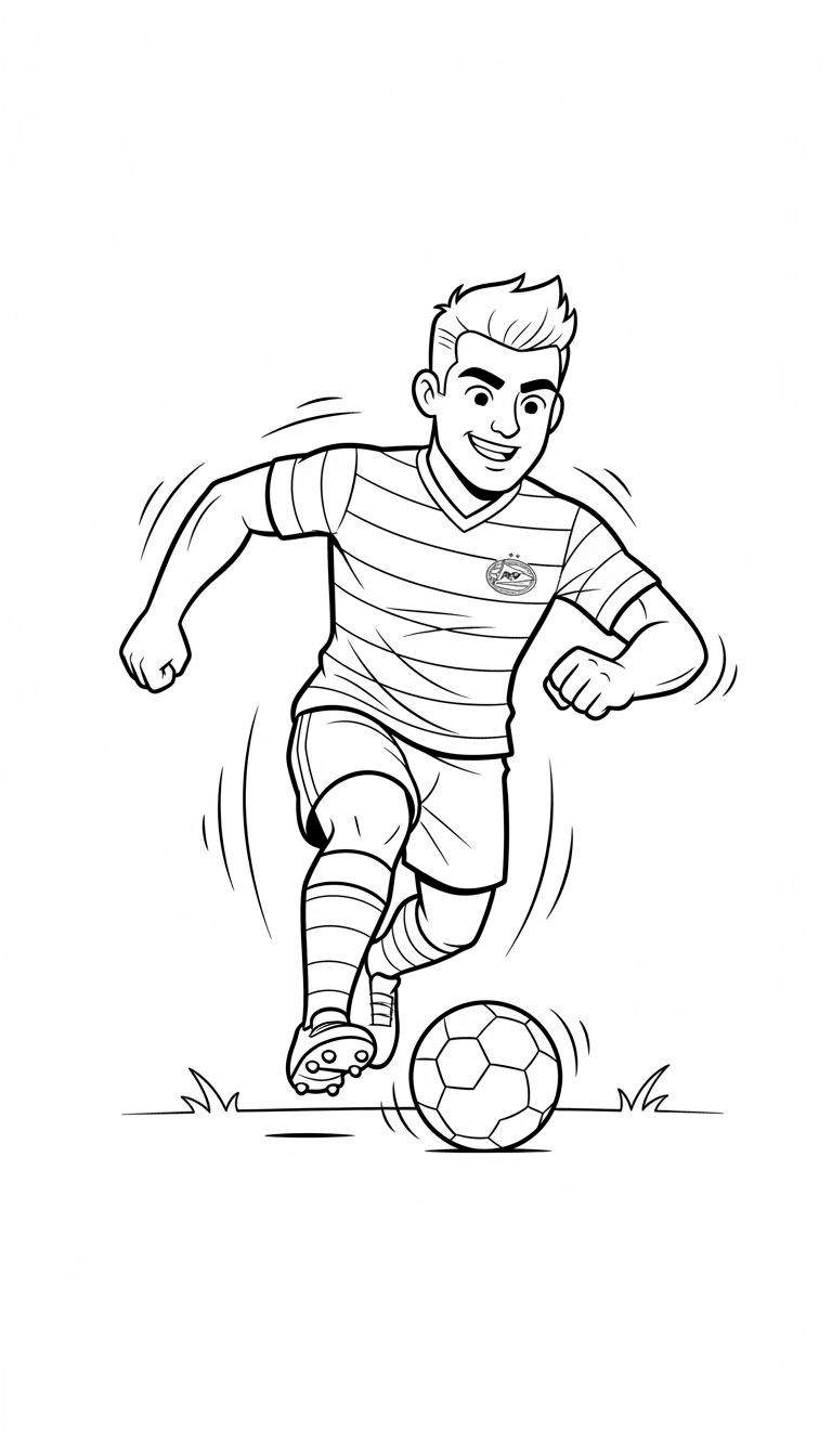 Lijntekening van een vrolijke jonge PSV voetballer die dribbelt met een voetbal op een grasveld, met bewegingslijnen voor snelheid.