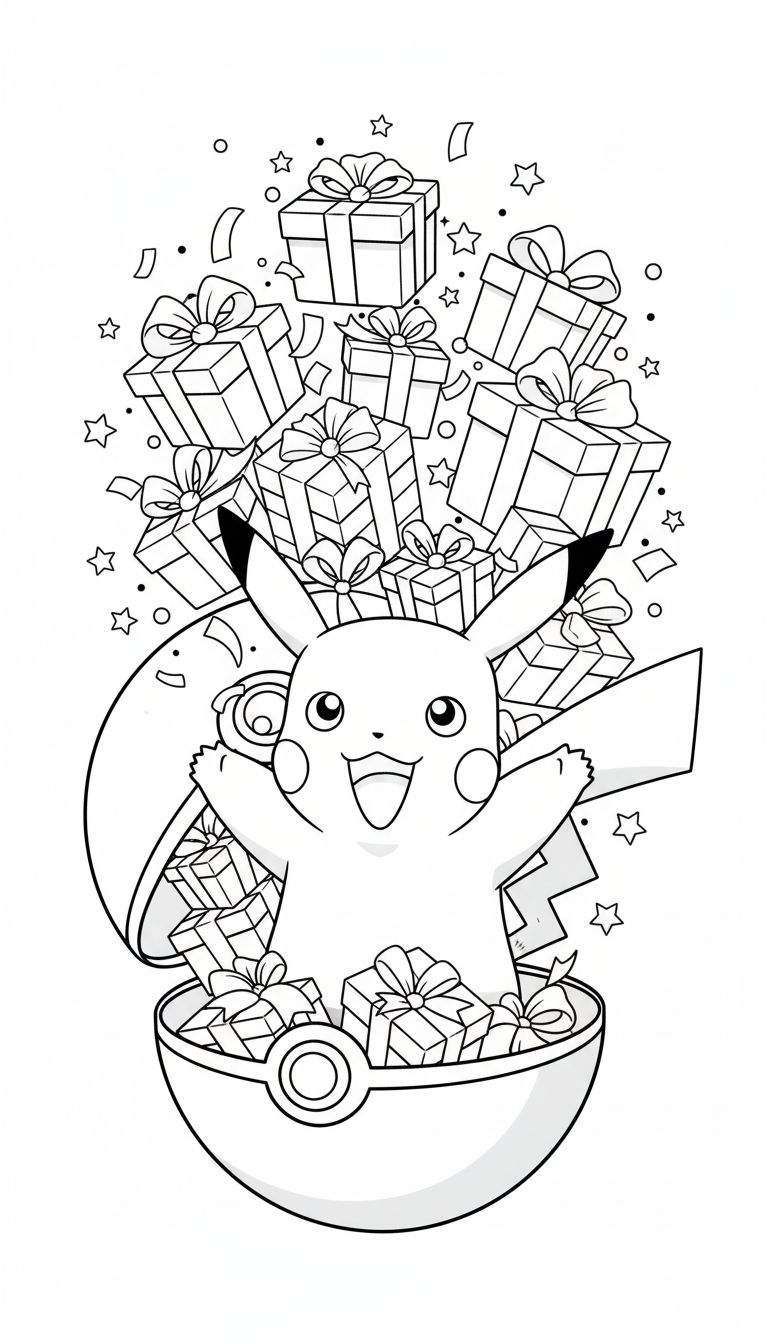Zwart-wit lijntekening van een breed lachende, blije Pikachu met wijd open armen, die uit een Pokébal vol cadeautjes springt. Om hem heen zweven meer ingepakte cadeaus, sterren, stippen en confetti, wat zorgt voor een feestelijke sfeer.