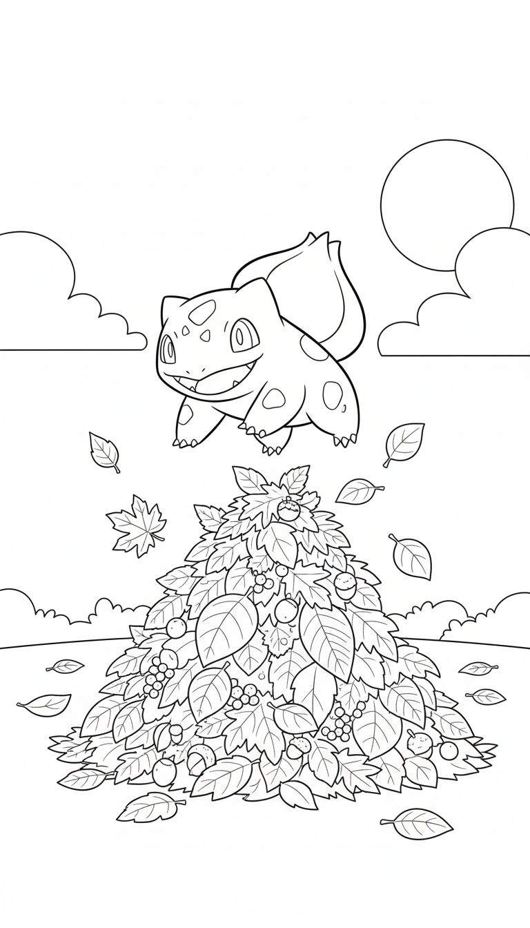 Zwart-wit lijntekening voor inkleuren: Bulbasaur, de Pokémon, duikt met een blije uitdrukking in een grote hoop herfstbladeren. De bladerenhoop bevat ook bessen, eikels en kleine vruchtjes. Rondom en in de lucht vallen losse bladeren. Op de achtergrond zijn wolken en een grote cirkel (zon) te zien.