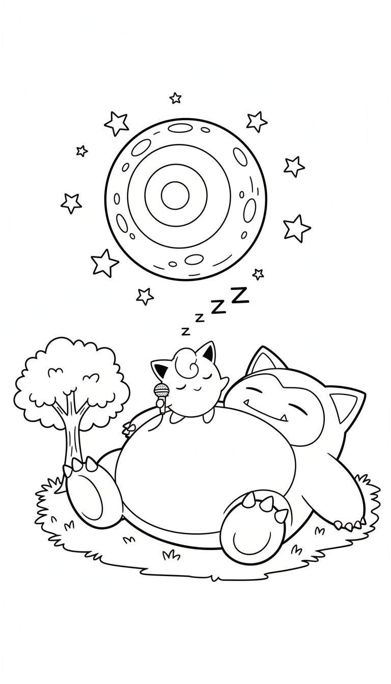 Zwart-wit kleurplaat van twee slapende Pokémon. Een grote Snorlax slaapt op zijn rug met een kleinere, slapende Jigglypuff die een microfoon vasthoudt op zijn buik. Op de achtergrond zijn een boom, gras, een volle maan met kraters en sterren te zien.