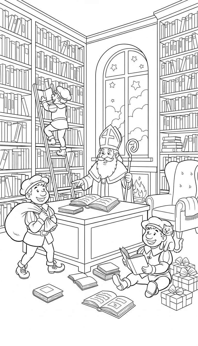 Kleurplaat van Sinterklaas in zijn studeerkamer met hoge boekenkasten, een open haard, sterren door het raam, en drie Pieten: één op een ladder, één met een zak, en één lezend met een kat en cadeaus.