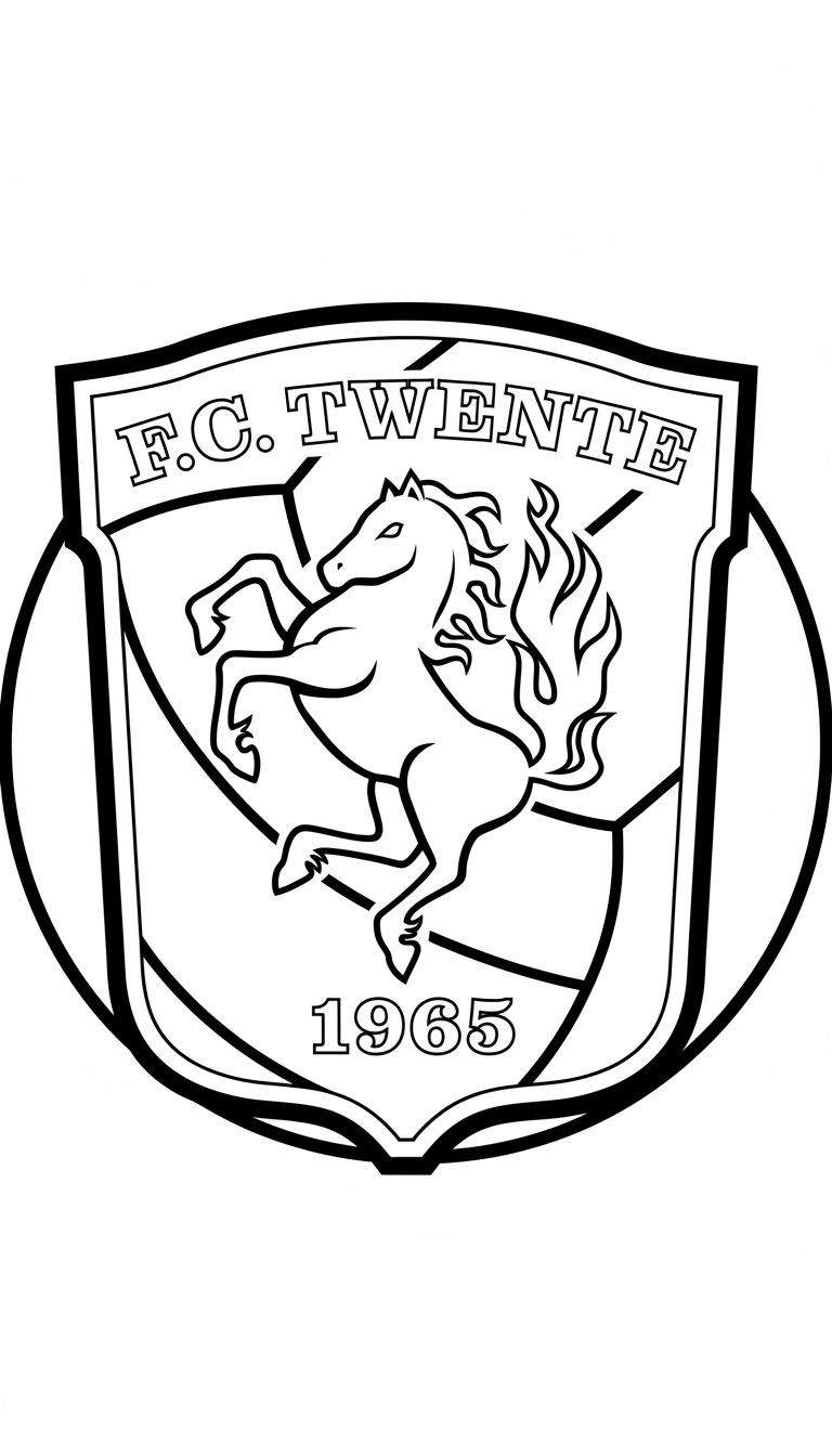 FC Twente logo kleurplaat met een schild, steigerend paard met vlammende manen en staart, tekst 'F.C. TWENTE', jaartal '1965' en een voetbal op de achtergrond.