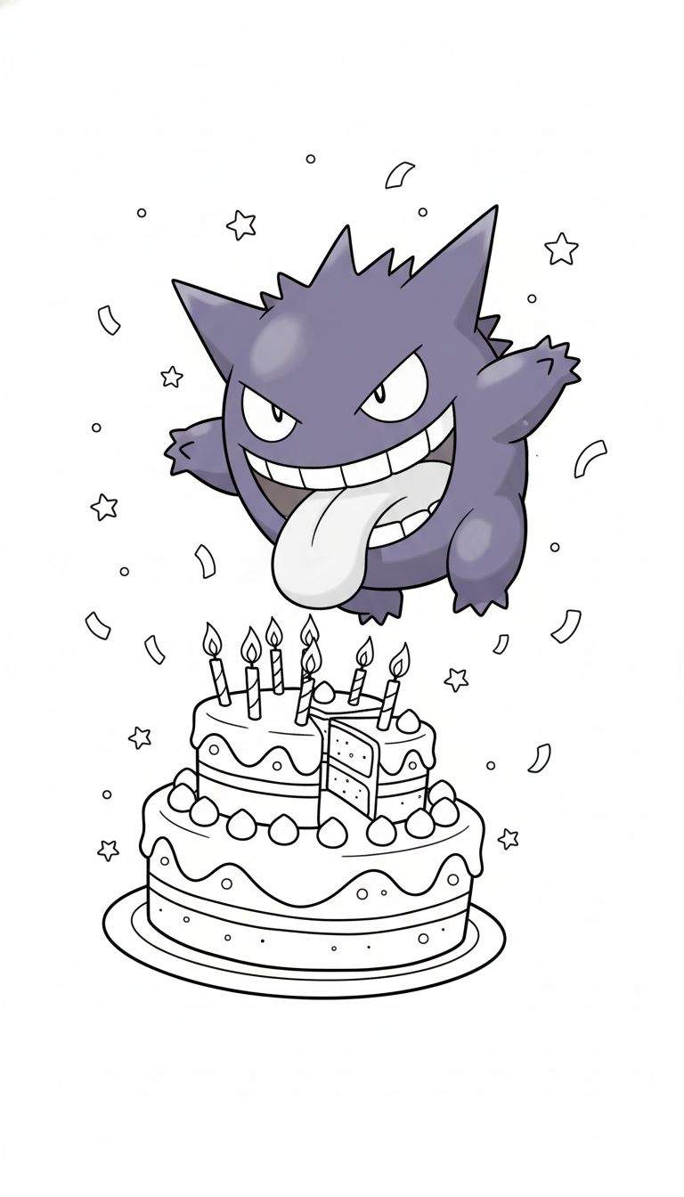 Kleurplaat: Vrolijke Gengar Pokémon met uitgestoken tong, zwevend boven een tweelaagse verjaardagstaart met zeven brandende kaarsjes en een uitgesneden punt. Feestelijke confetti in de lucht.
