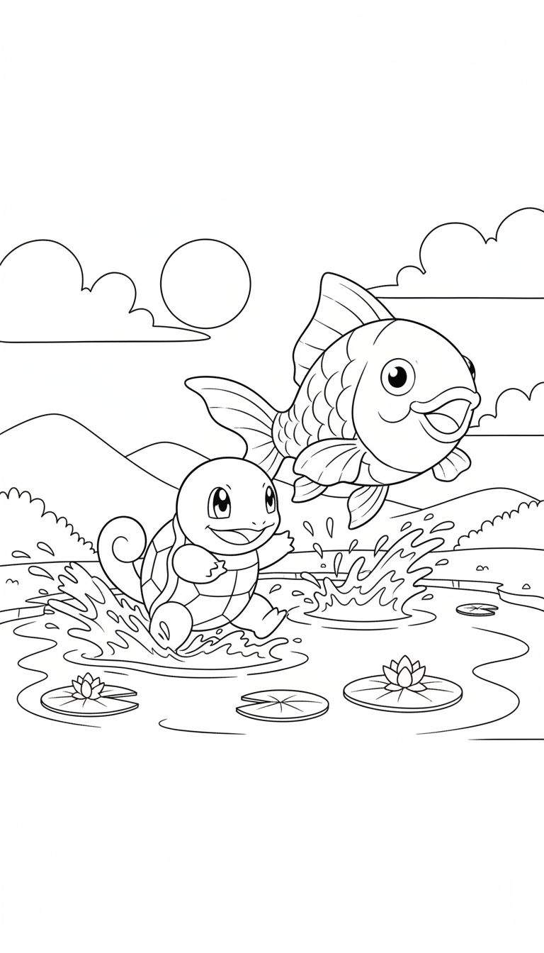 Zwart-wit kleurplaat van een vrolijke Squirtle die door het water rent en spat, met een lachende vis die naast hem uit het water springt. Op het water drijven waterlelies en op de achtergrond zijn glooiende heuvels, wolken en een ronde zon of maan te zien.