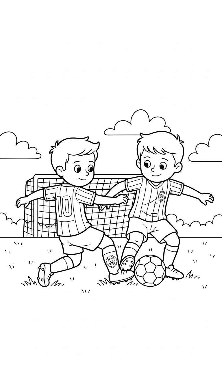 Zwart-wit kleurplaat van twee jonge jongens die voetballen. Eén jongen draagt nummer 10, de ander dribbelt de bal. Achtergrond toont een voetbaldoel en grasveld. Thema: Willem II.