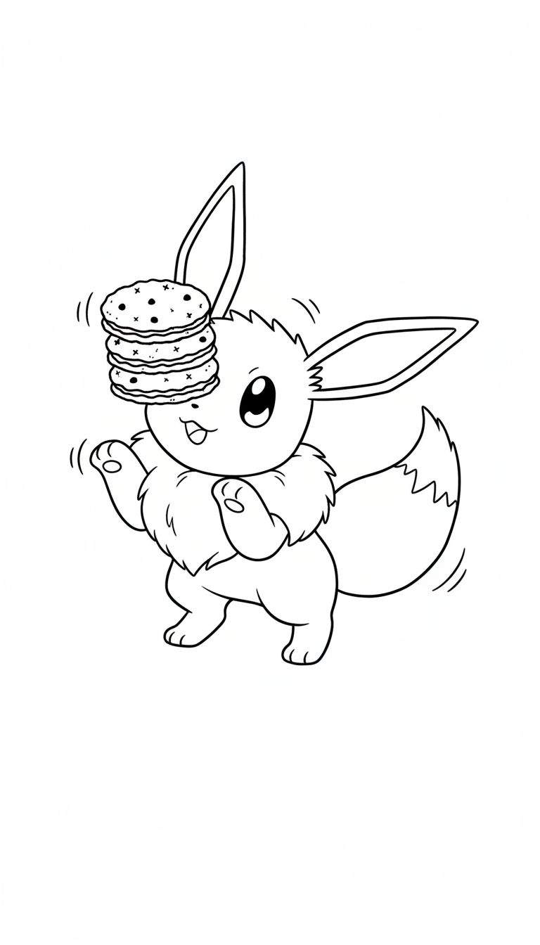 Zwart-wit kleurplaat van Pokémon Eevee die drie koekjes of pannenkoeken op zijn hoofd balanceert. Eevee concentreert zich met opgetrokken voorpoten en bewegingslijntjes rond de wiebelende stapel.