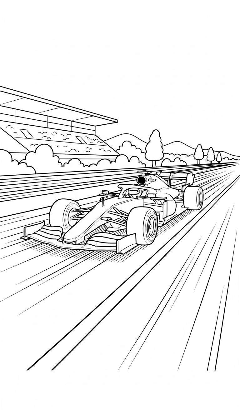 Kleurplaat van een Red Bull Formule 1-raceauto in volle vaart op een circuit met tribunes, bomen en heuvels op de achtergrond. Snelheidslijnen benadrukken de dynamiek.