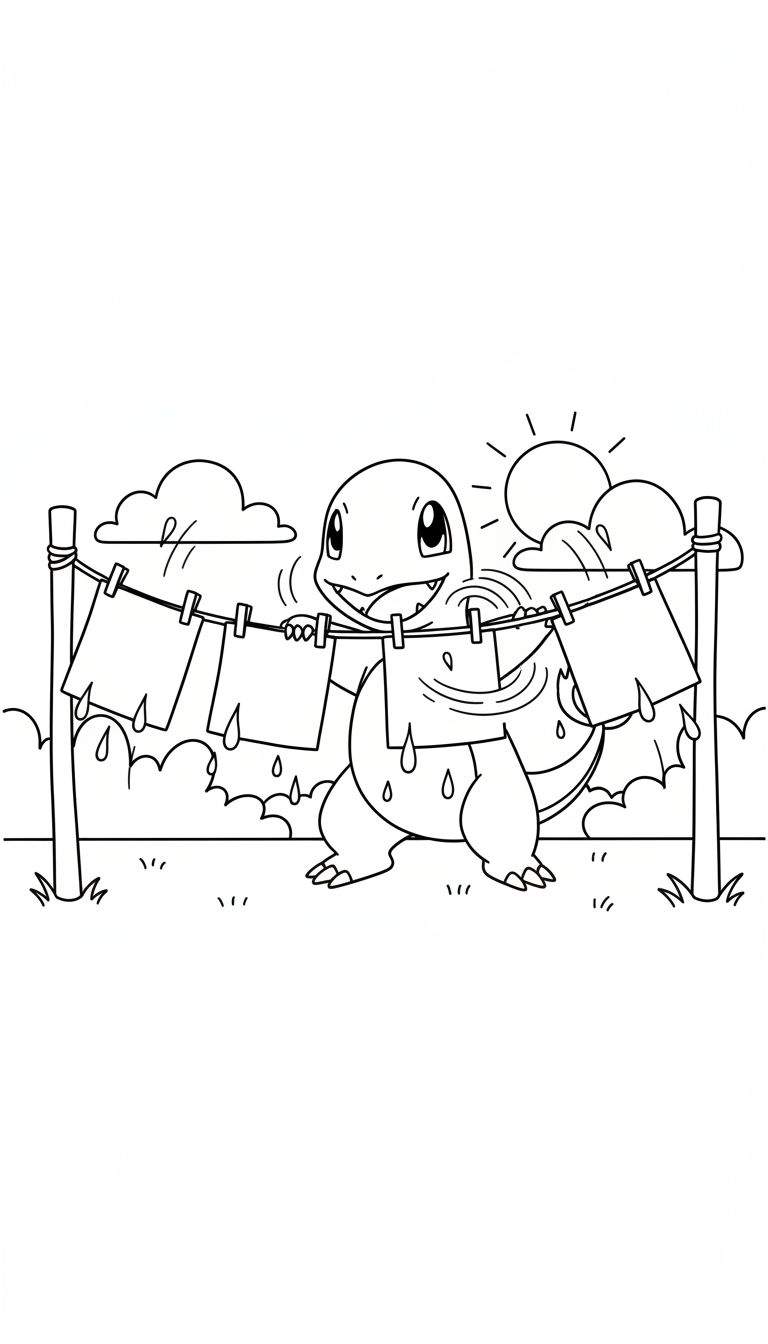 Kleurplaat van Pokémon Squirtle die vrolijk de was ophangt aan een waslijn met wasknijpers, met regenwolken en zon op de achtergrond en gras op de grond.