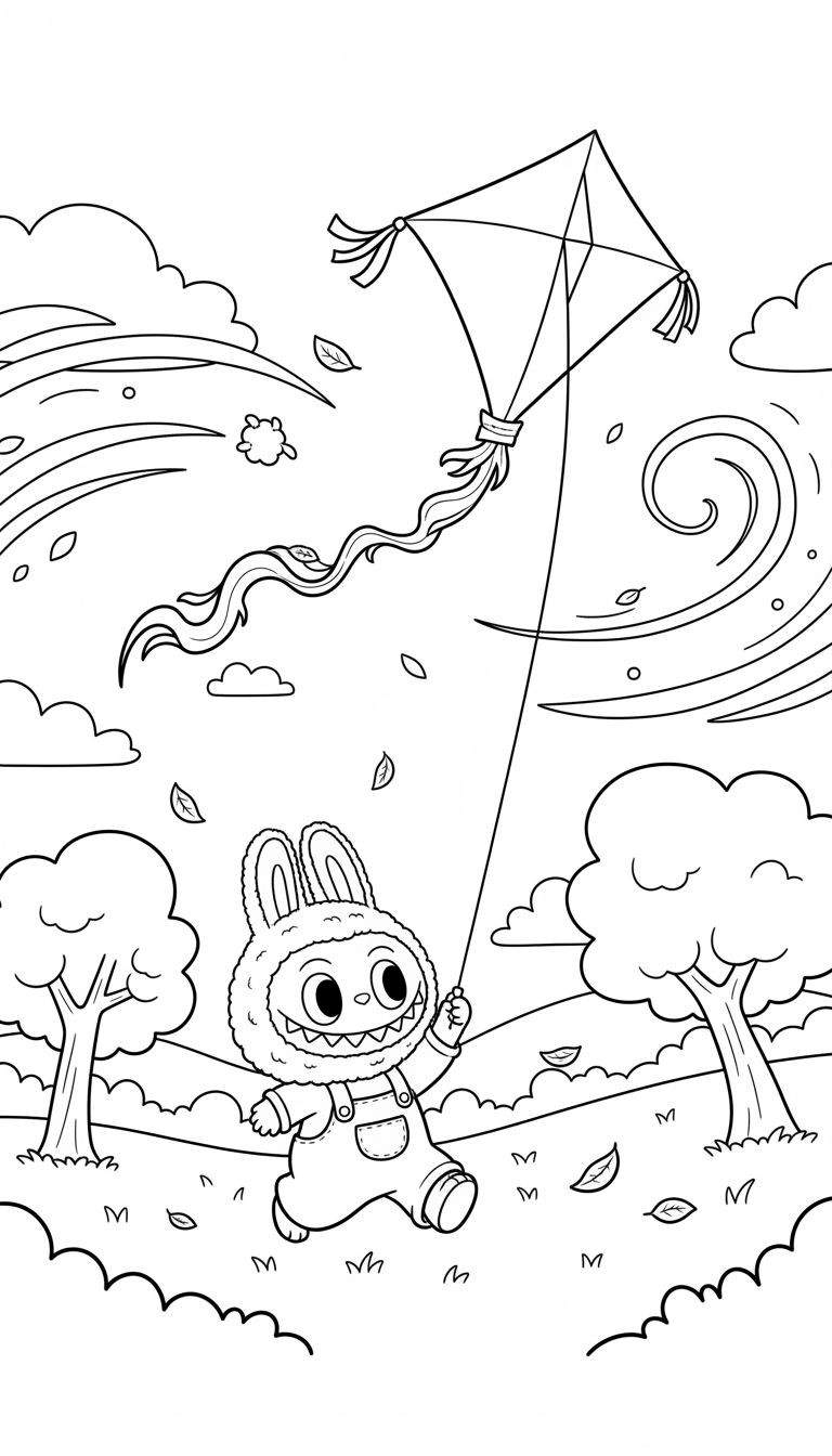 Kleurplaat van Labubu, een schattig konijn-achtig figuur met lange oren en tuinbroek, dat met een brede lach een vlieger oplaat op een winderige herfstdag met vliegende blaadjes, heuvels en bomen op de achtergrond.