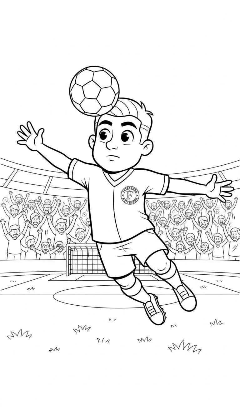 Zwart-wit kleurplaat van een jonge Feyenoord-voetballer die een kopbal uitvoert in een stadion met juichend publiek.