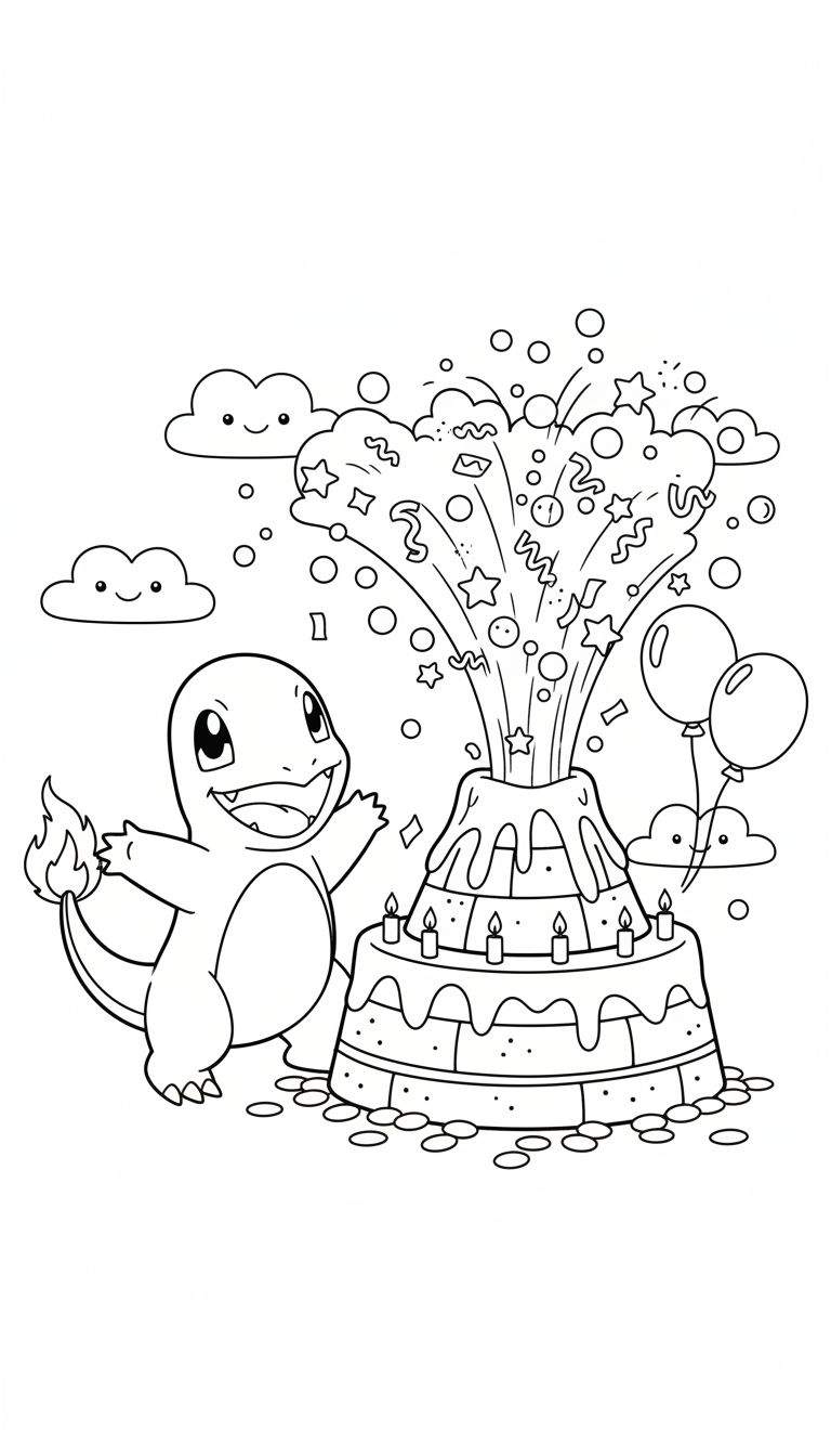 Zwart-wit kleurplaat van een lachende Charmander met vlam op staart bij een vulkaan-verjaardagstaart met spuitende sterren, slingers, confetti, acht kaarsjes, twee lachende wolkjes en twee ballonnen.