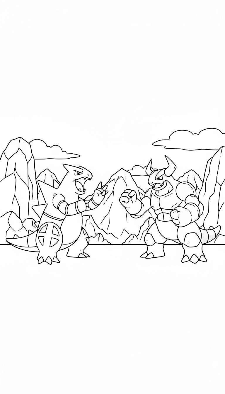 Zwart-wit kleurplaat van twee monsterlijke wezens die lijken op Salamence en Aggron, in een gevechtshouding tegen een bergachtige achtergrond. De draakachtige figuur links heeft scherpe hoorns en tanden, terwijl de gepantserde figuur rechts grote hoorns en gebalde vuisten heeft.