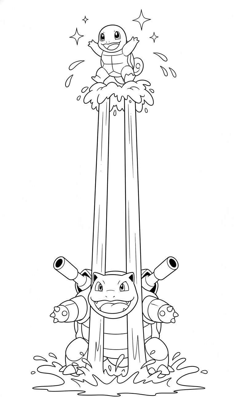 Zwart-wit kleurplaat van een juichende Squirtle balancerend op waterstralen, bovenop een blij kijkende Blastoise die water spuit uit zijn rugkanonnen.