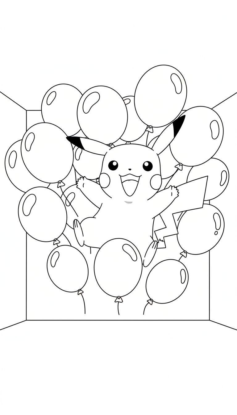 Zwart-wit kleurplaat van een lachende Pikachu met wijd open armen, omringd door ballonnen in een feestelijke setting.