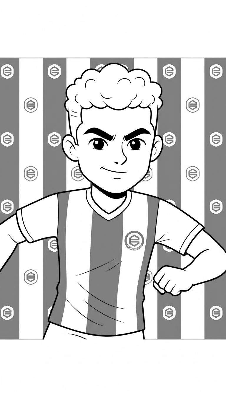 Zwart-wit kleurplaat van een jonge, zelfverzekerde voetballer met kort krullend haar en gebalde vuist, dragend een gestreept V-hals shirt met 'FC Mondiaal' logo, tegen een gestreepte achtergrond.