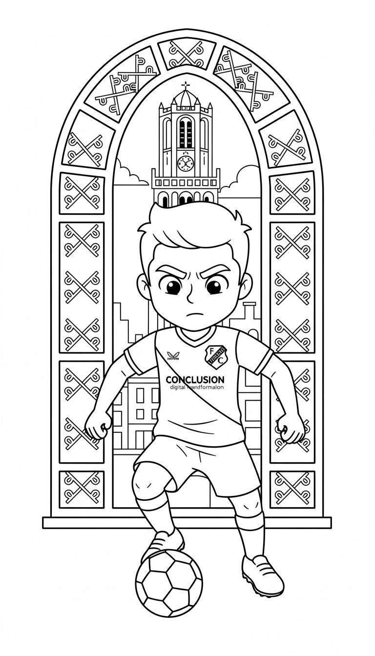 Zwart-wit kleurplaat van een jonge FC Utrecht voetballer met bal voor een klokkentoren, omringd door een decoratieve architectonische boog met U-vormige patronen.