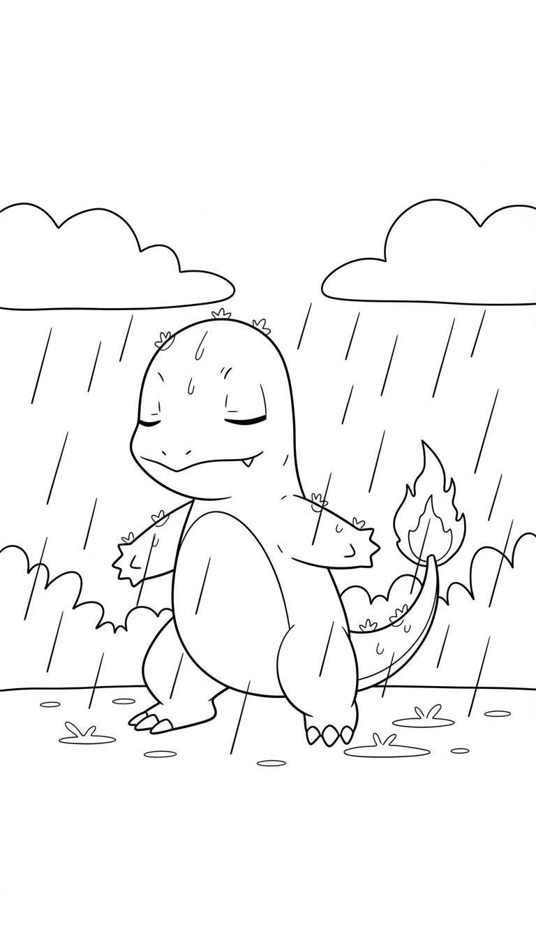Zwart-wit lijntekening van een trieste Charmander in de regen, met gesloten ogen, een brandende staartvlam, gestileerde wolken, regendruppels en plassen op de grond.