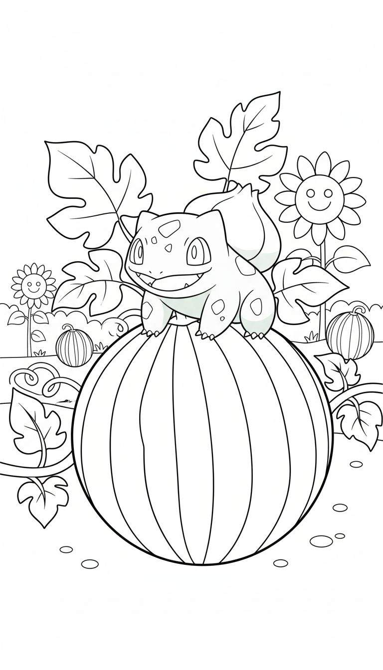 Kleurplaat van een lachende Bulbasaur zittend op een grote gestreepte pompoen, omringd door herfstbladeren, vrolijke zonnebloemen en kleinere pompoenen.