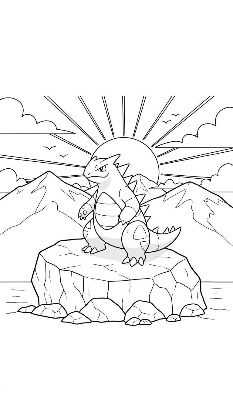 Kleurplaat van Tyranitar, een groot stekelig dinosaurusachtig wezen, staand op een gebarsten rots in een ruig berglandschap met een stralende, laagstaande zon en vliegende vogels.