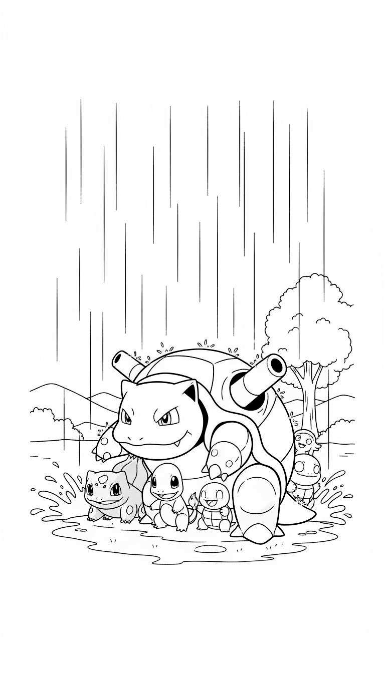 Zwart-wit kleurplaat van een grote, serieuze Blastoise met waterkanonnen op zijn rug, omringd door een Bulbasaur, een Squirtle en een Wartortle in de regen met waterplassen en opspattend water. Vage heuvels en een boom zijn zichtbaar op de achtergrond.